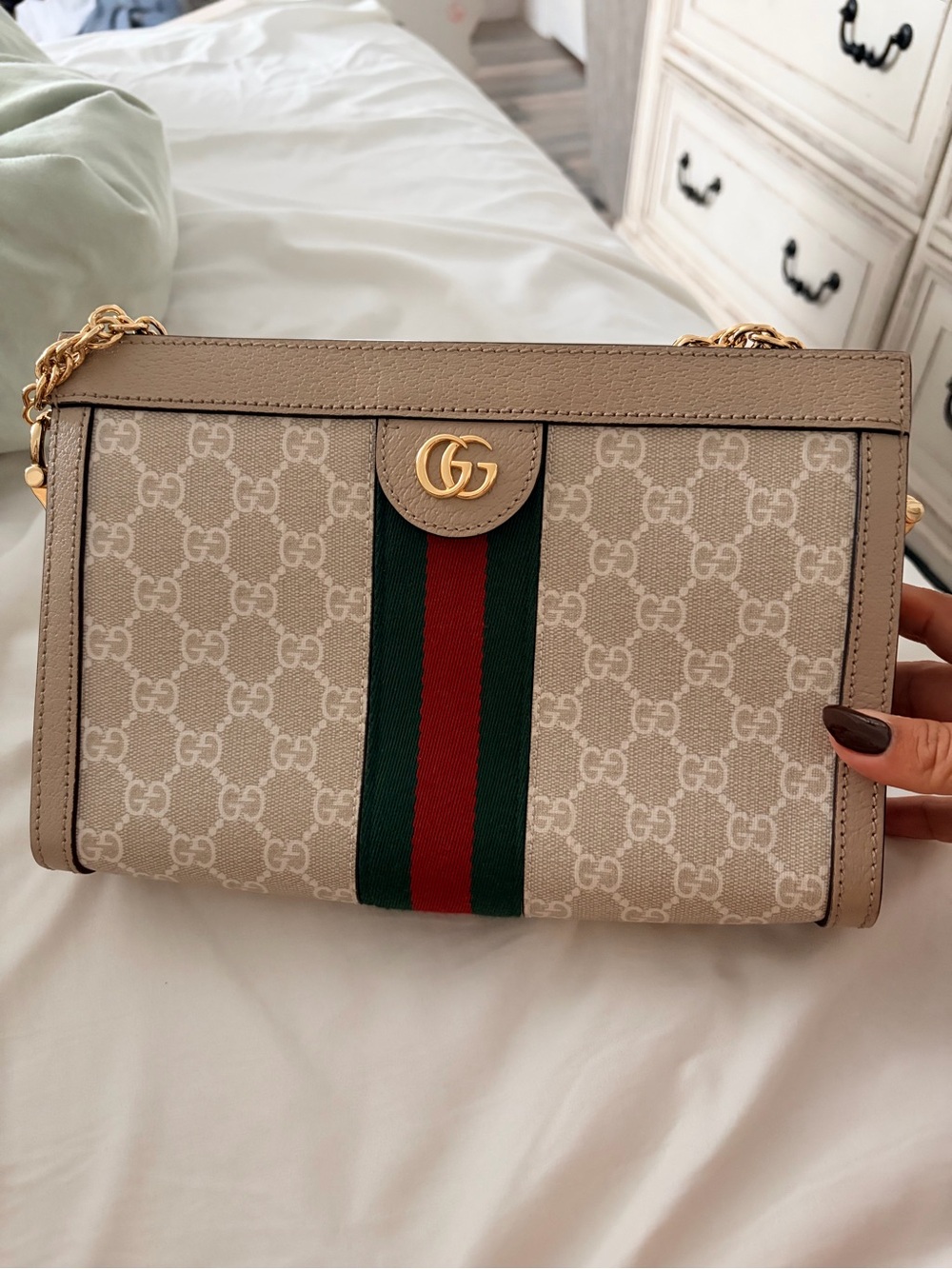 Gucci Beige GG Supreme Shoulder Bag with Green and Red Web and Gold Hardware